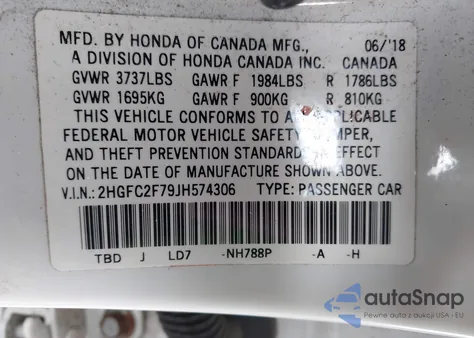 2018 Honda Civic Ex z USA, uszkodzony, nr VIN 2HGFC2F79JH574306
